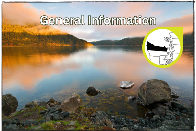 Beautiful sunrise over Lake Crescent at Olympic National Park. with the words General Information