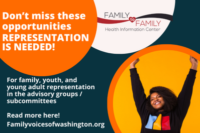 Happy youth smiles and gives a victory pose with the words, representation needed for For family, youth, and young adult representation in the advisory groups / subcommittees