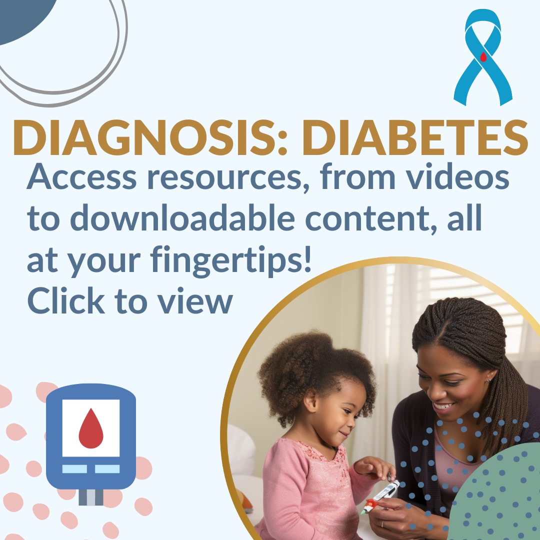 A mom and child smile while checking their blood with the words: Access resources, from videos to downloadable content, all at your fingertips! Click to view