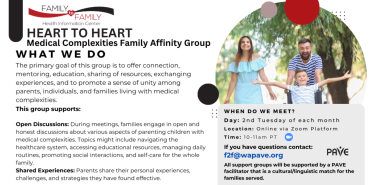 A family poses in an outdoor setting, Youth is a wheelchair user. Alongside banner lies the words Heart to Heart Medical Complexities Family Affinity Group